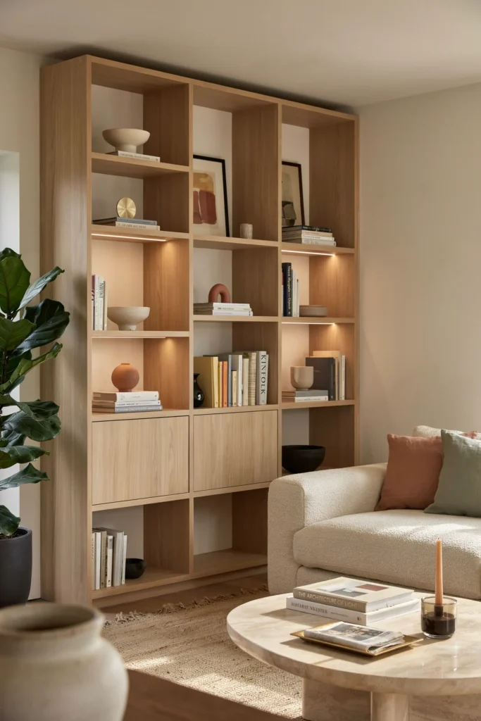 Apartment Living Room with Built-In Shelving