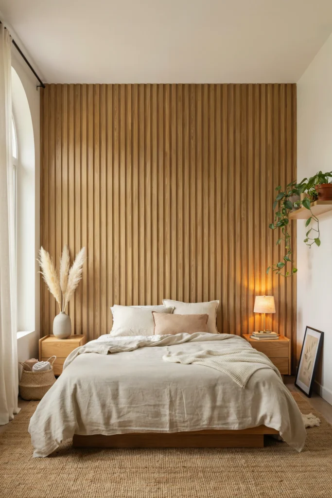 Bedroom with Natural Wood Wall Details