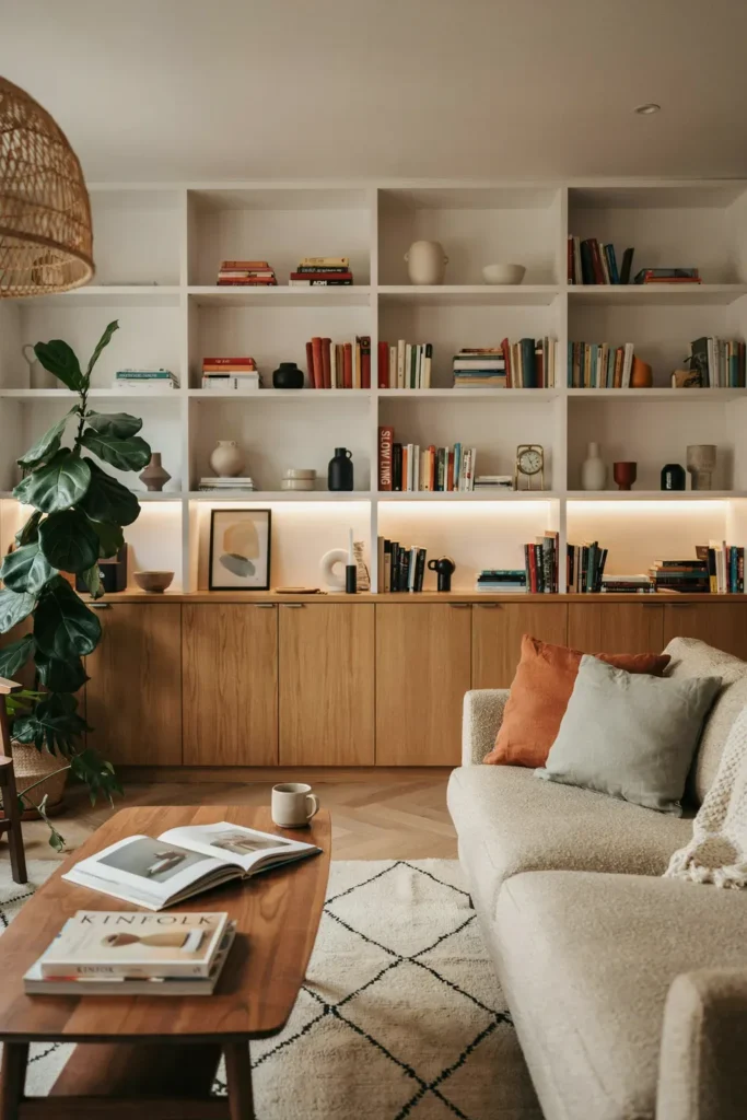 Compact Living Room with Built-In Shelving