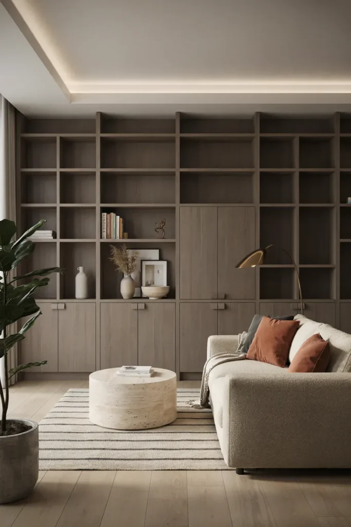 Contemporary Gray Living Room with Built-In Shelving