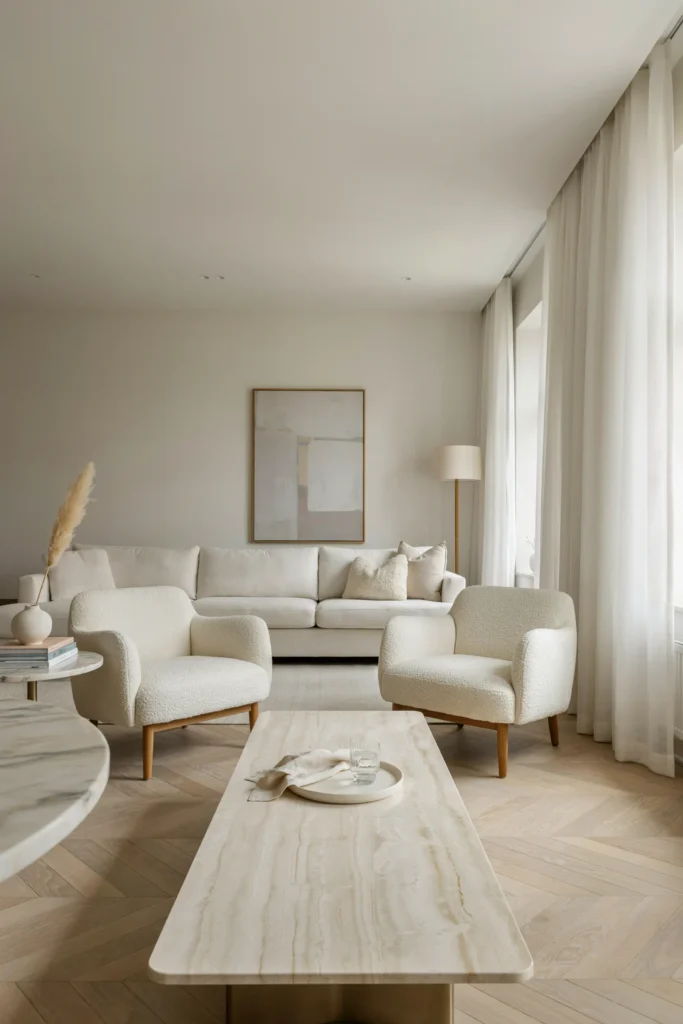 Contemporary White Living Room with Marble Details