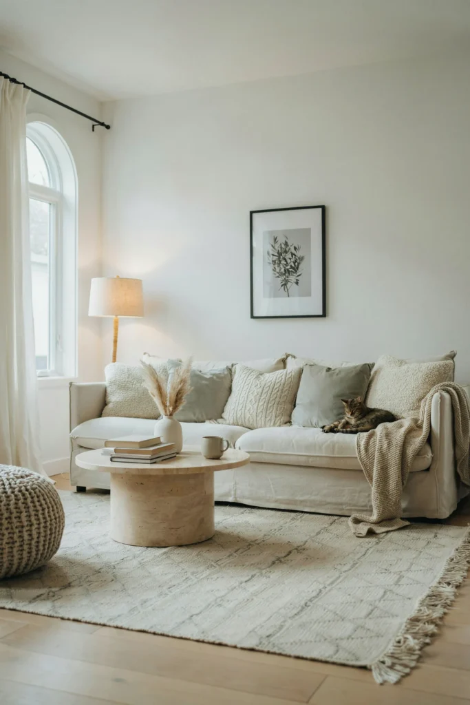 Cozy White Living Room with Layered Textures