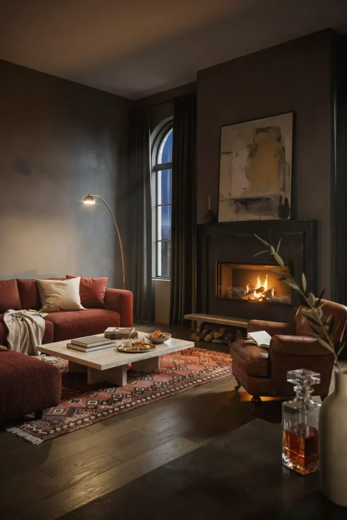 Dark Gray Living Room with Cozy Lighting