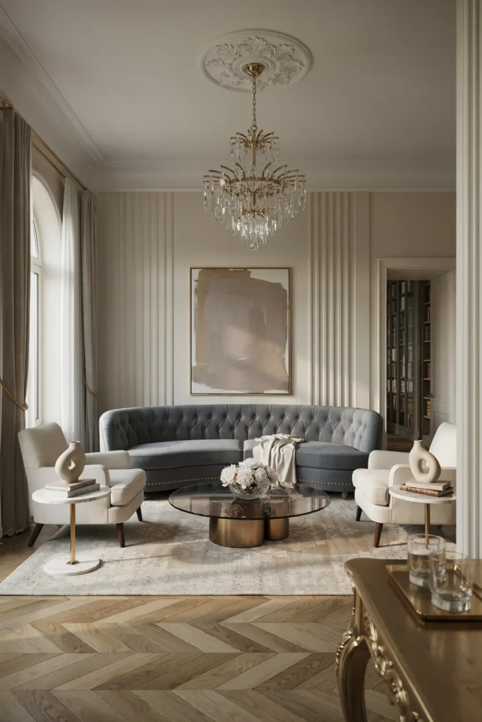Gray Living Room Featuring a Crystal Chandelier