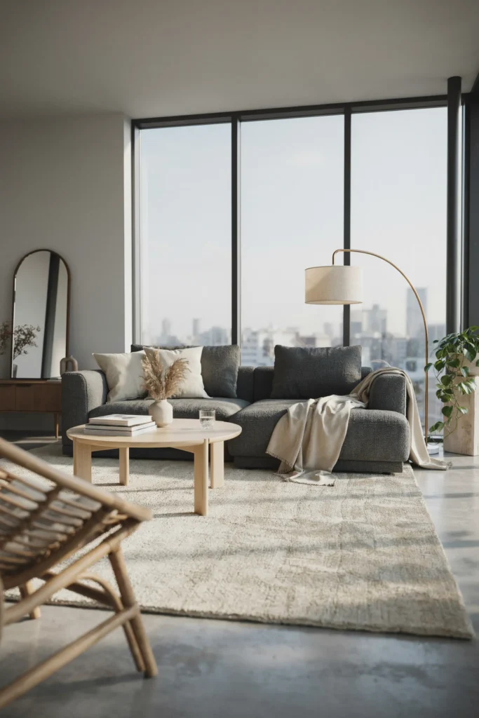 Gray Living Room with Floor-to-Ceiling Windows