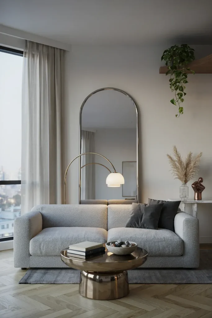 High-End Gray Living Room with Metallic Finishes