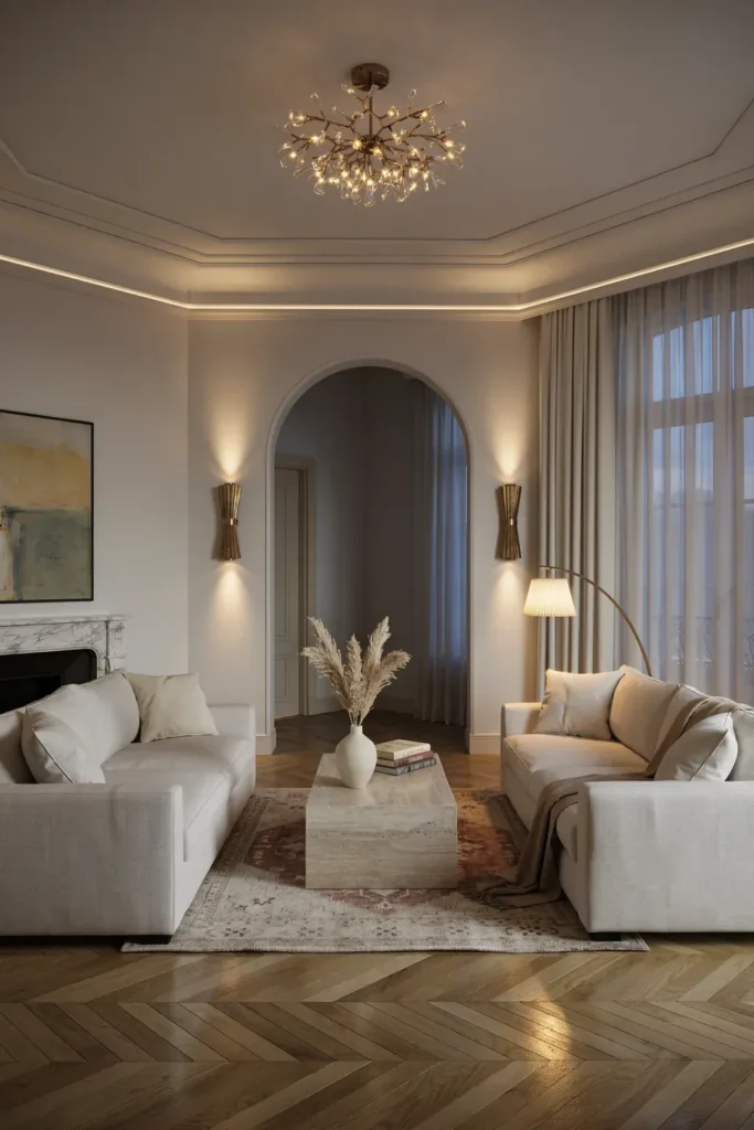 Luxury White Living Room with Layered Lighting
