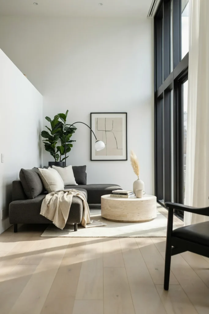 Modern White Living Room with Black Contrast