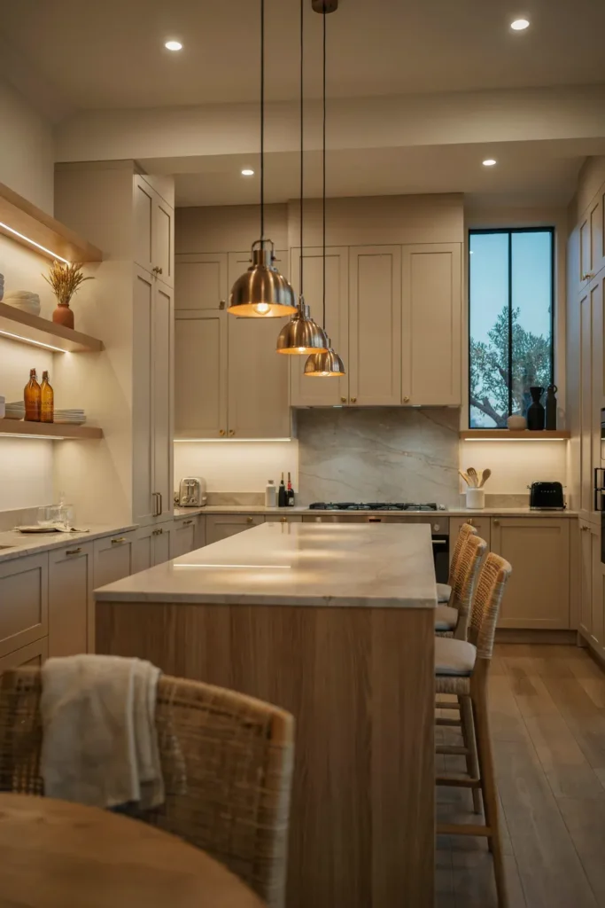 Neutral Kitchen with Layered Lighting