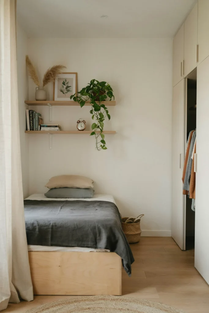 Small Bedroom with Wall-Mounted Shelves
