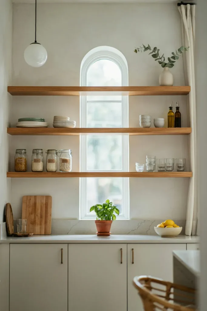 Small Kitchen Featuring Floating Shelves