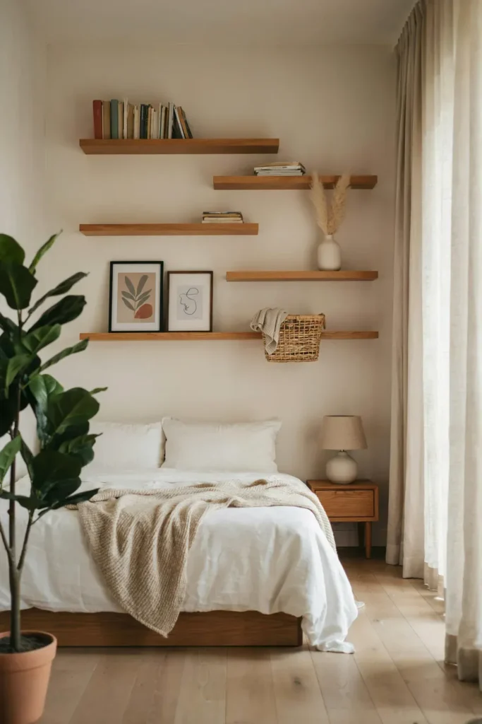 Stylish Bedroom with Wall Shelves