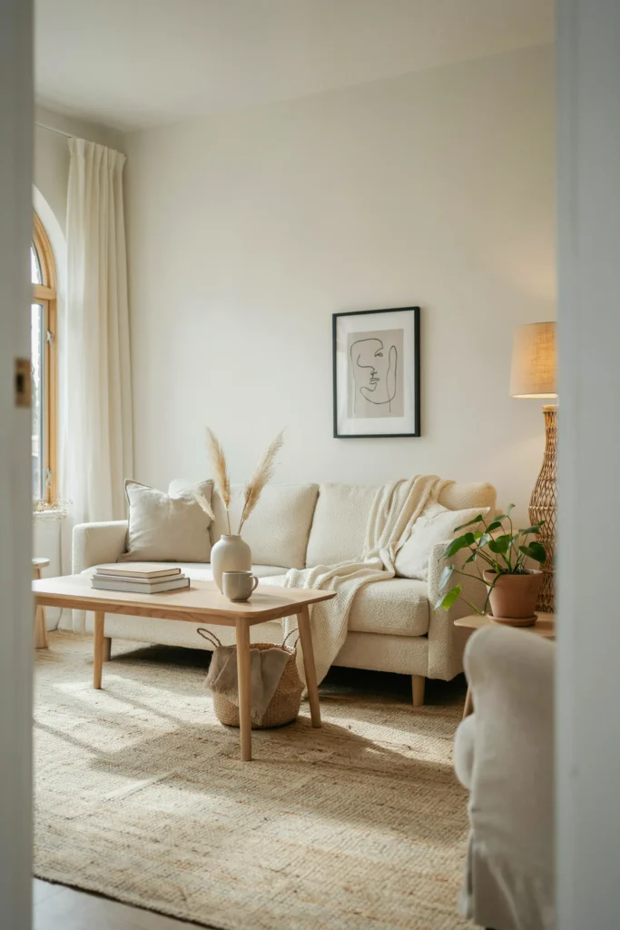 Warm White Living Room with Beige Accents