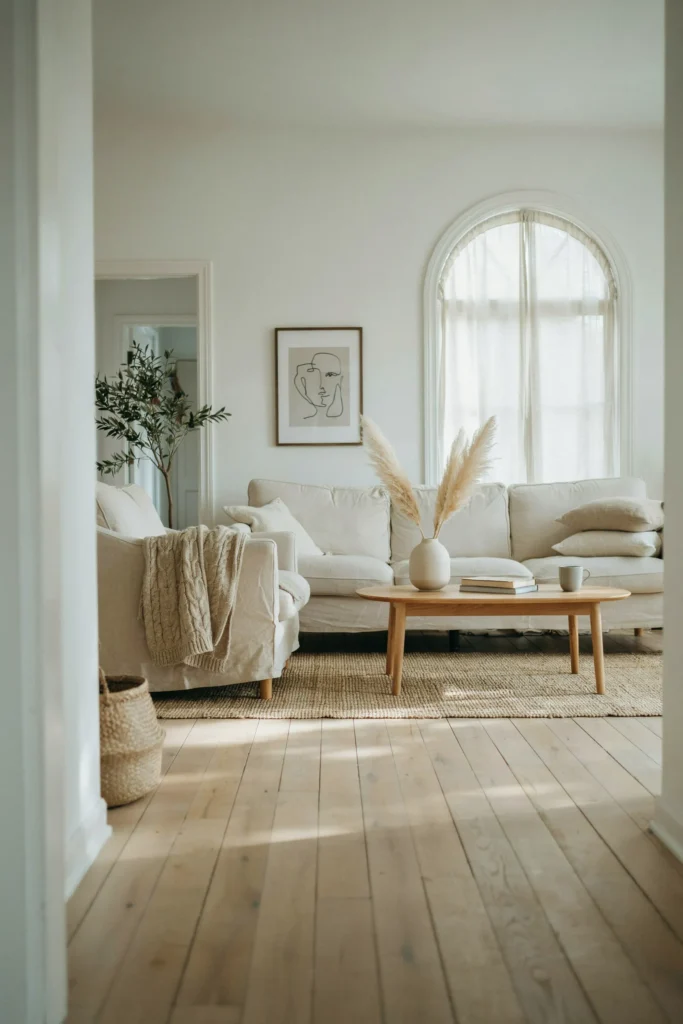 White Living Room Featuring Soft Linen Furniture