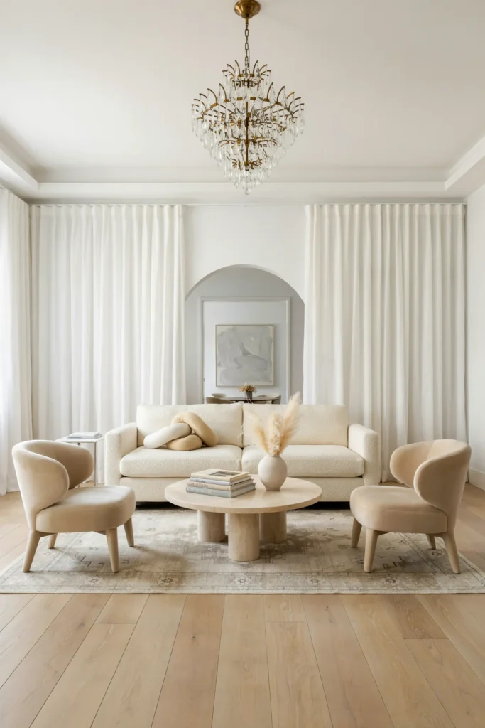 White Living Room Featuring a Statement Chandelier