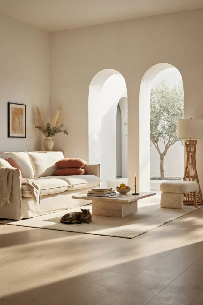 White Living Room with Arched Architectural Details