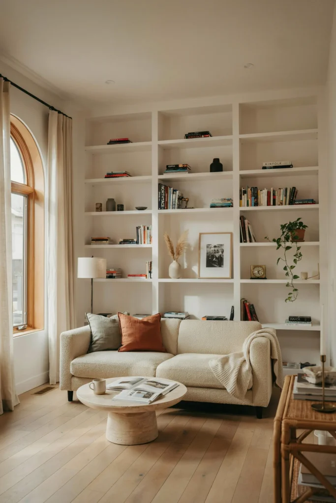 White Living Room with Built-In Shelving