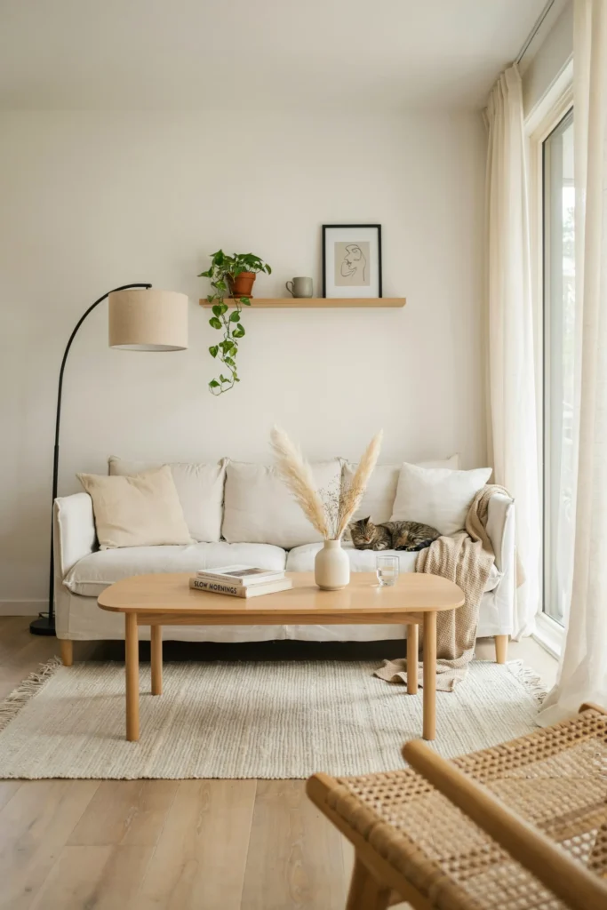 White Living Room with Natural Wood Accents