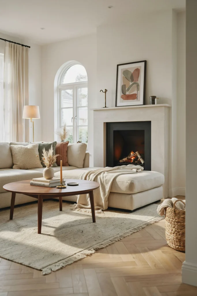 White Living Room with a Cozy Fireplace
