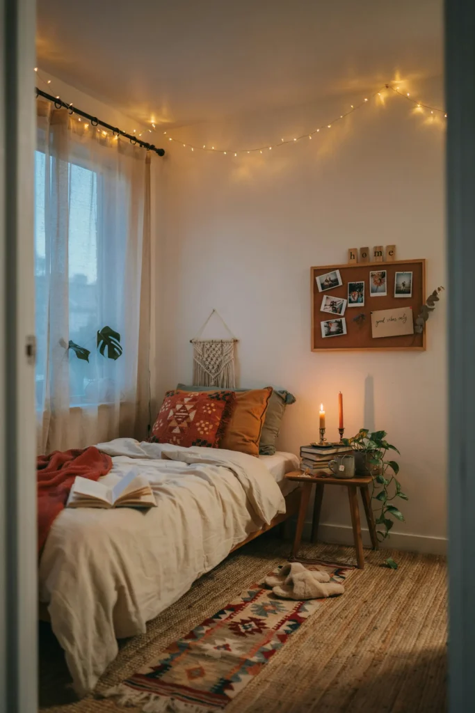 Aesthetic Boho Dorm Room with String Lights