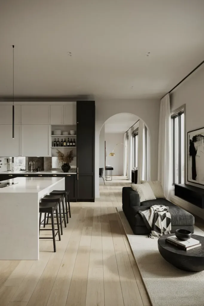 Black and White Open Kitchen Living Room Design