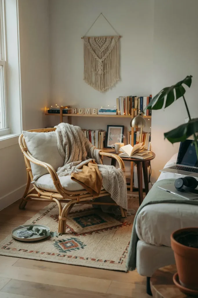 Boho Dorm Room with a Cozy Reading Corner