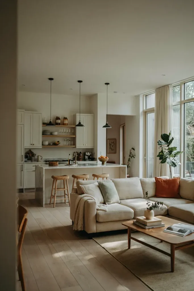 Bright White Open Kitchen and Living Room Design