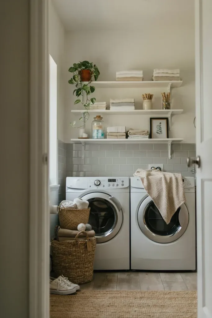 Compact Laundry Room with Woven Basket Storage