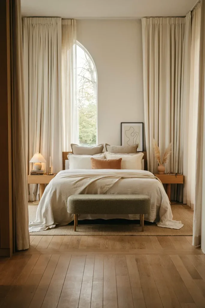 Cozy Bedroom with Floor-Length Curtains