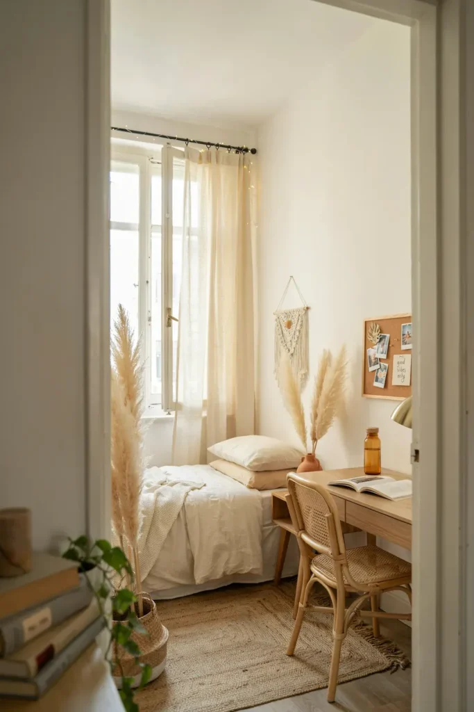 Cozy Dorm Room with Pampas Grass Décor