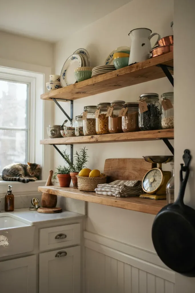Cozy Farmhouse Kitchen with Open Wooden Shelving