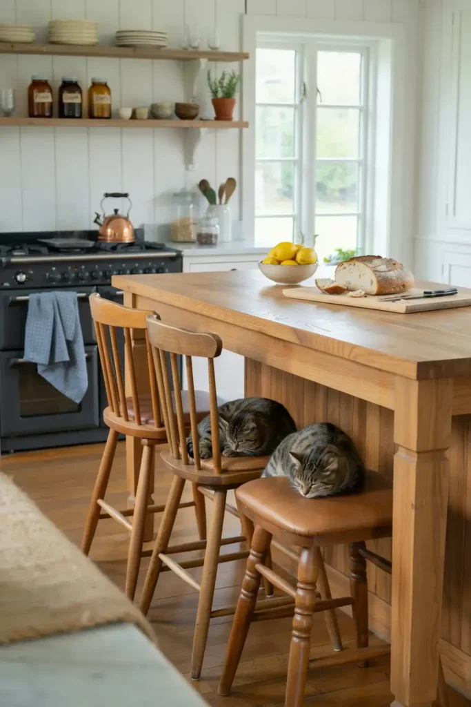 Cozy Kitchen Featuring Wooden Counter Stools