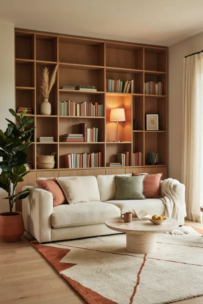 Cozy Living Room with Built-In Shelving
