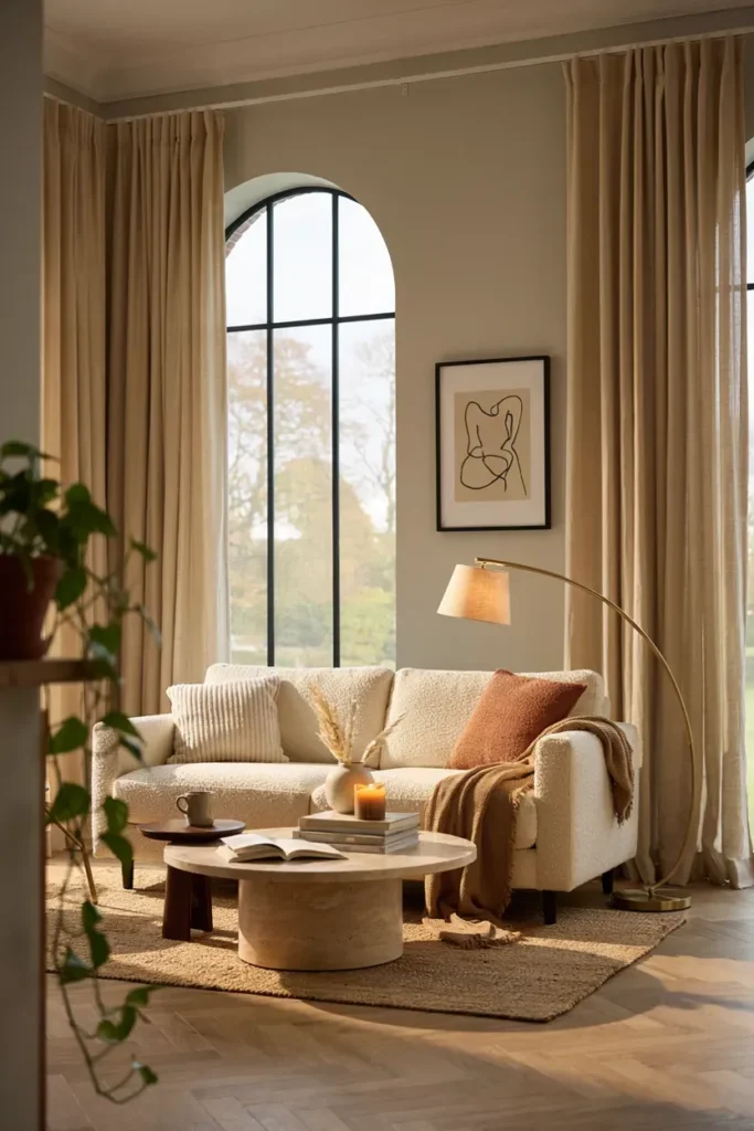  Cozy Living Room with Floor-to-Ceiling Curtains