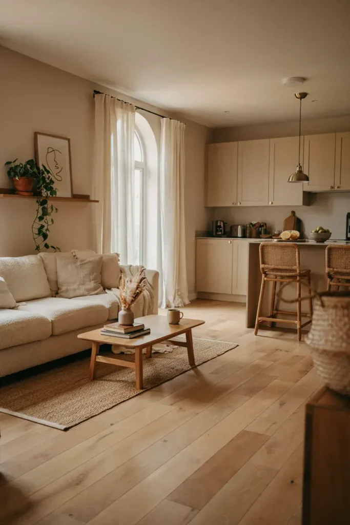 Cozy Open Kitchen Living Room with Neutral Tones