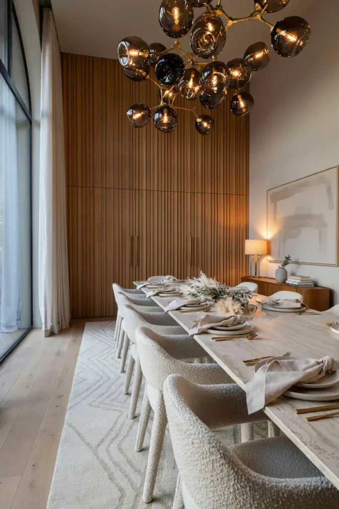 Dining Room Featuring Sculptural Lighting