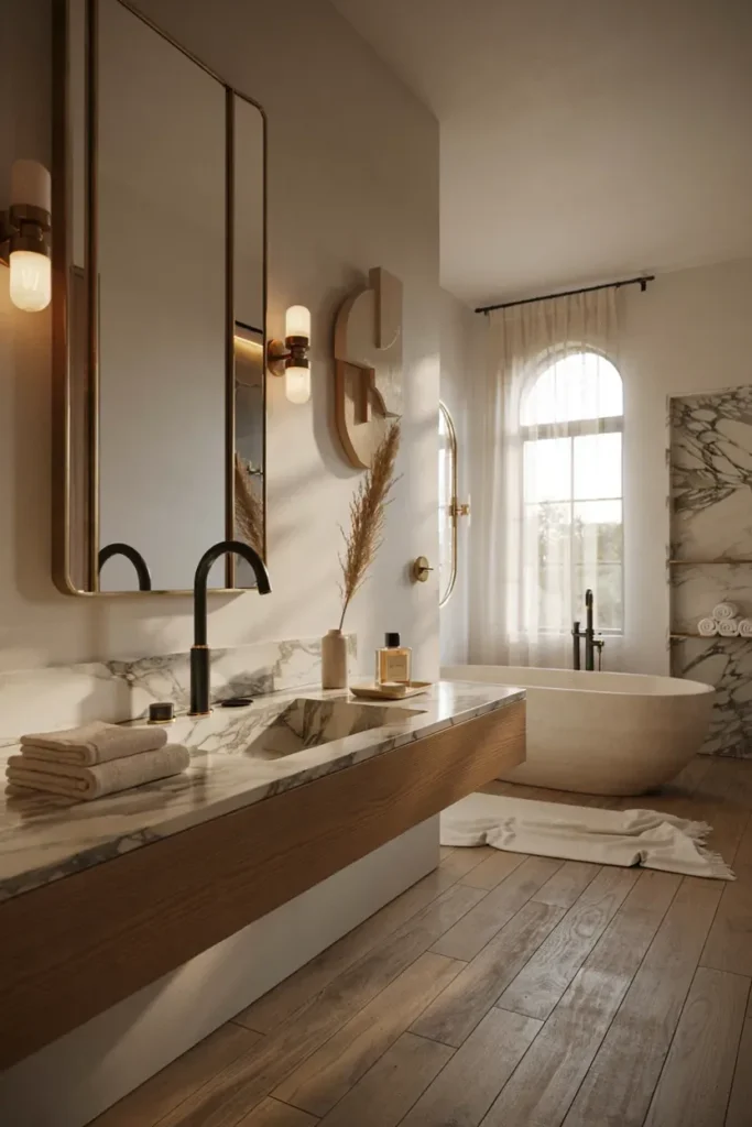 Elegant Bathroom Featuring Gold Wall Accents