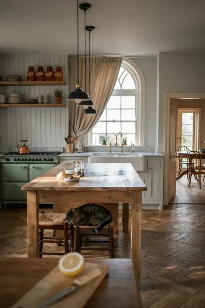 Elegant Farmhouse Kitchen with Soft Lighting
