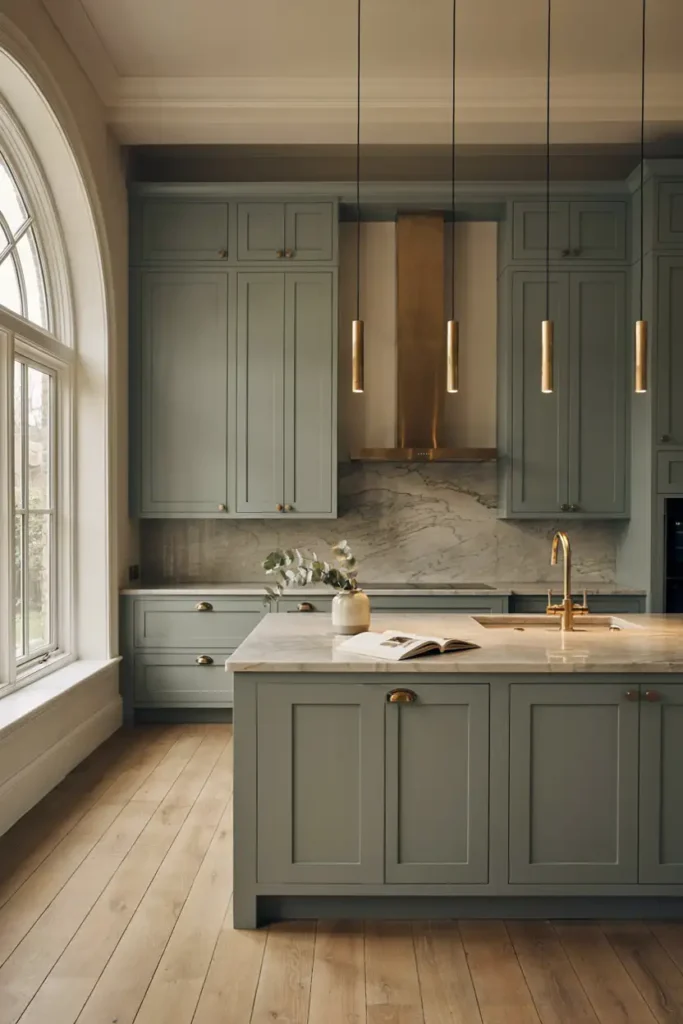 Elegant Green Kitchen with Stone Surfaces
