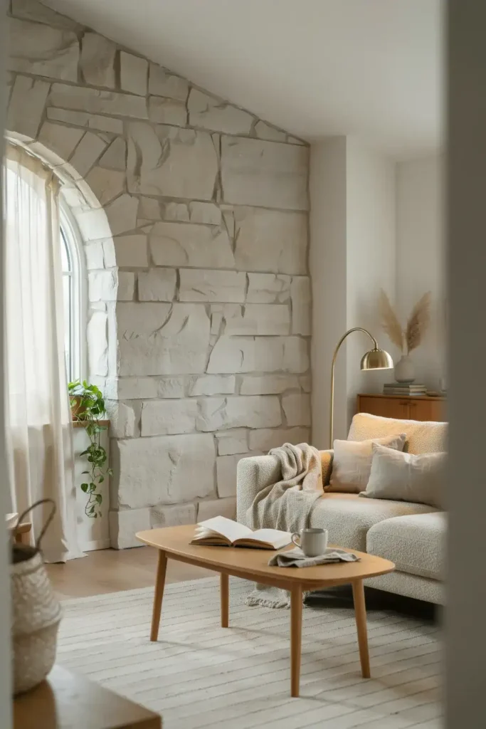  Elegant Scandinavian Living Room with Stone Accents
