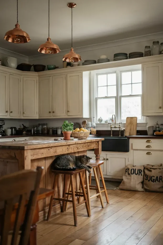 Farmhouse Kitchen Featuring Antique Lighting Fixtures