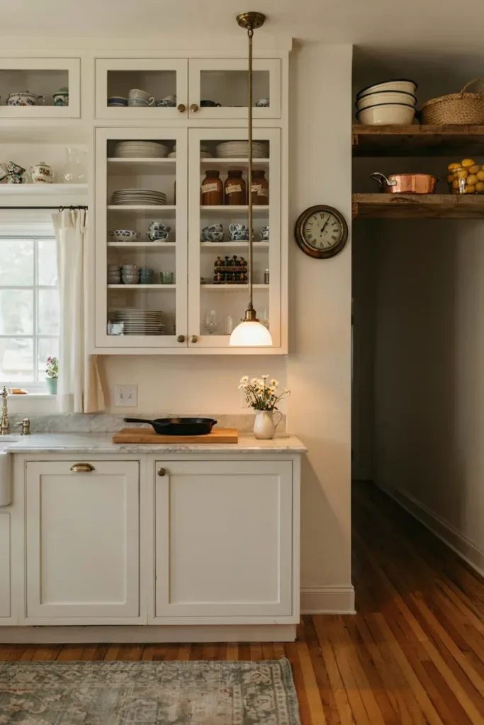 Farmhouse Kitchen Featuring Glass Cabinet Doors