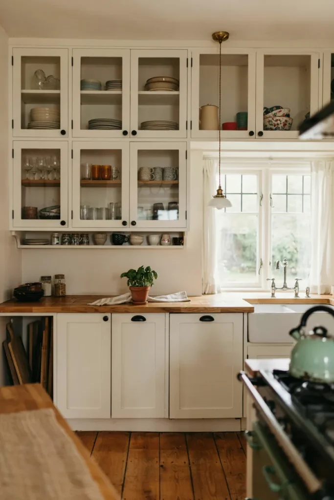 Farmhouse Kitchen with Glass Cabinet Doors