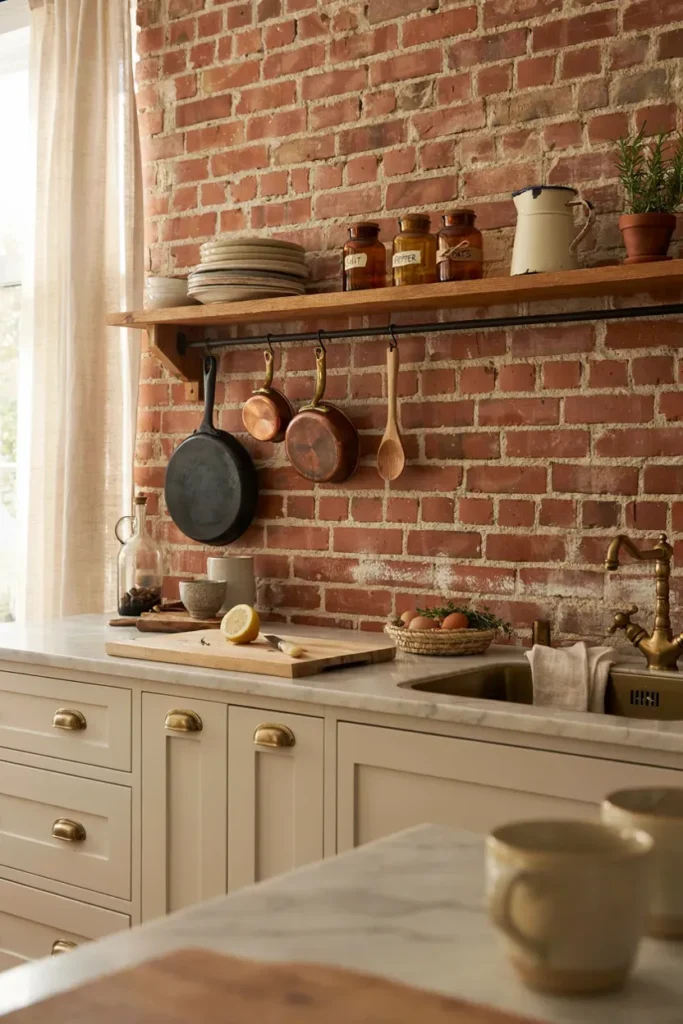 Farmhouse Kitchen with Rustic Brick Backsplash