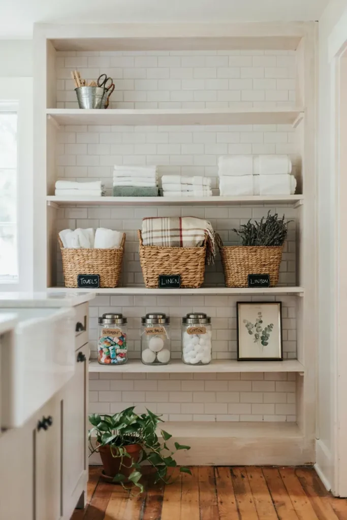 Farmhouse Laundry Room with Built-In Shelving