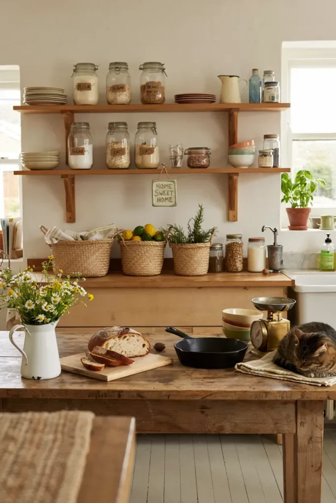  Farmhouse Vintage Kitchen with Woven Basket Storage