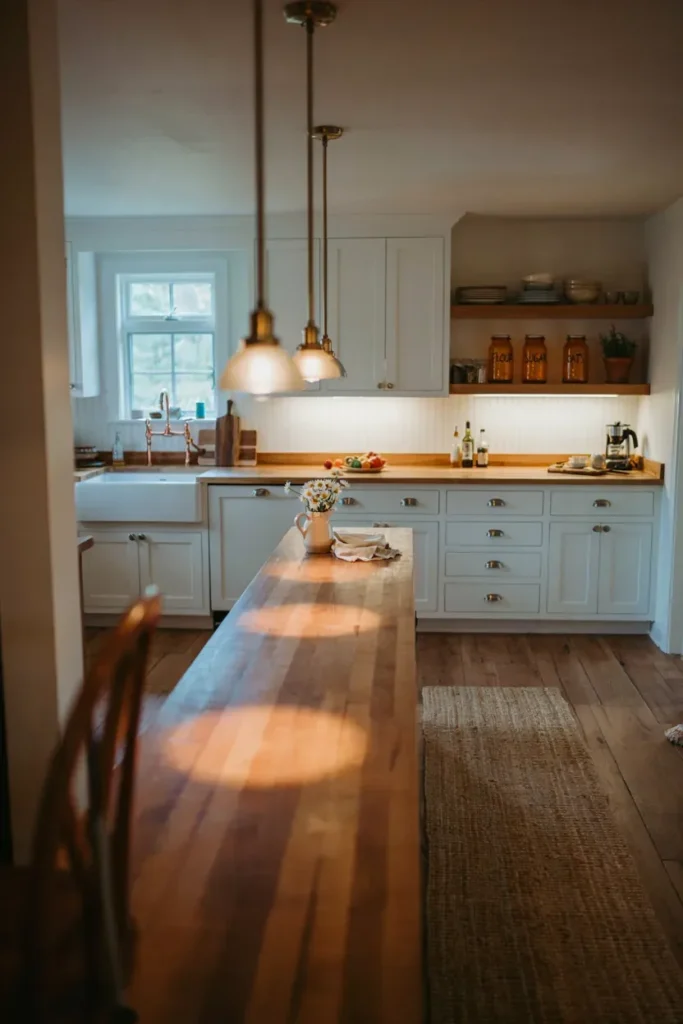 Farmhouse White Cabinets with Warm Lighting