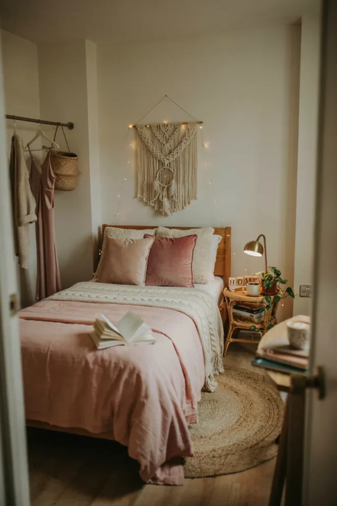 Feminine Boho Dorm Room with Blush Tones