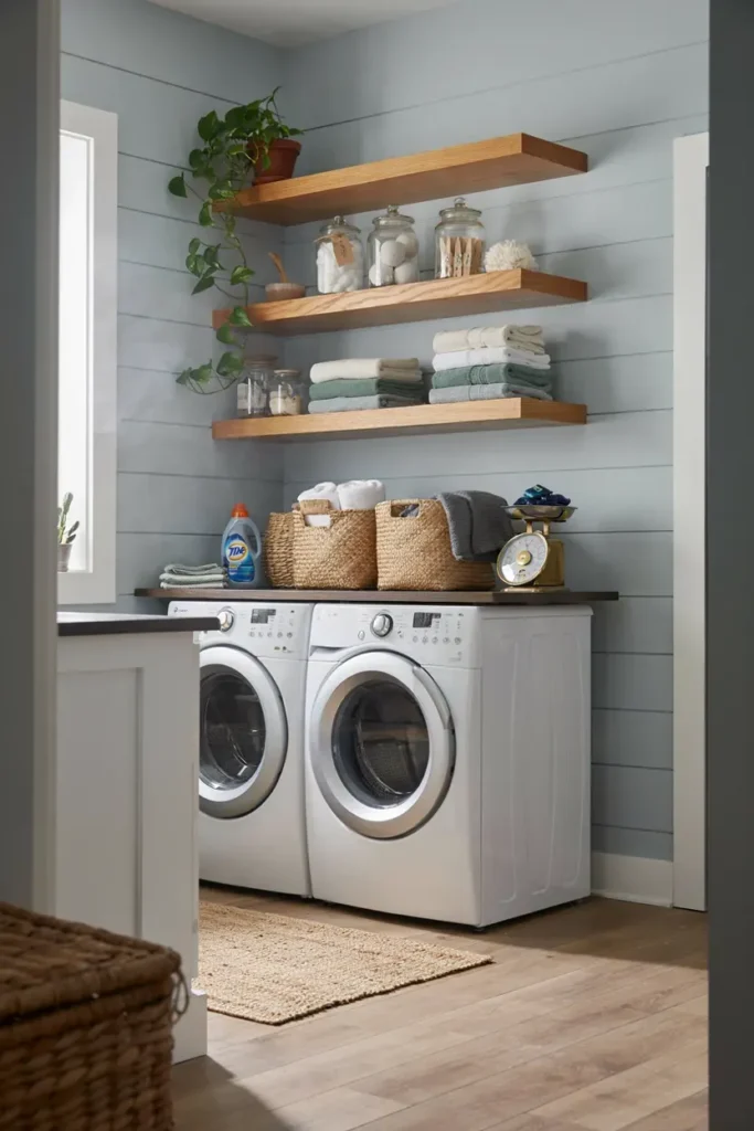 Floating Shelves Above the Washer and Dryer
