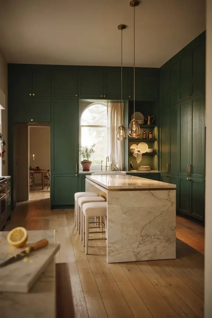 Forest Green Cabinets with Gold Hardware